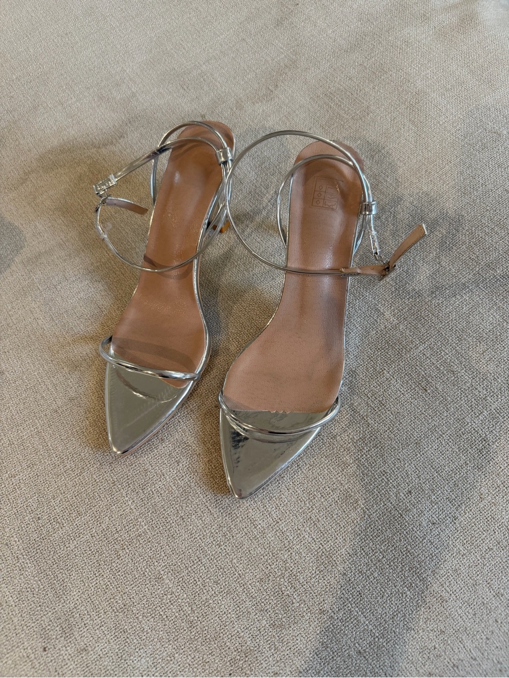 Amazon Metallic Silver Pointed Toe Strappy Heels